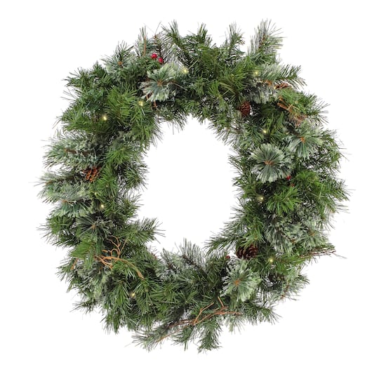 30" Pre-Lit Glistening Pine Wreath with Pinecones & Berries, Warm White LED Lights
